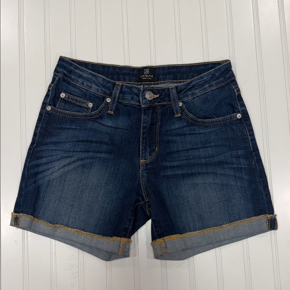 Just Black Denim Shorts Dark Wash Stretch Mid Rise Cuffed Size XS
